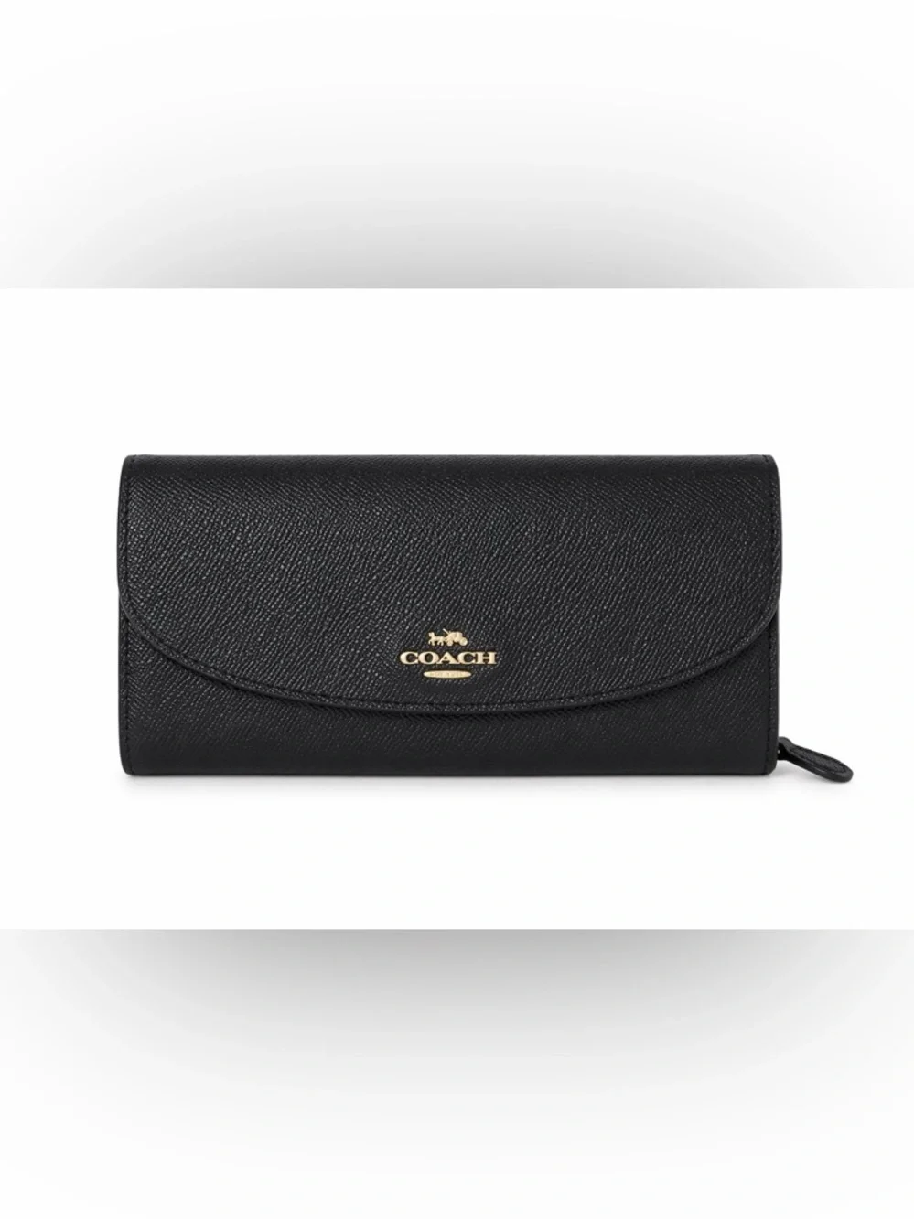 COACH Black Saffiano Leather Continental Envelope Wallet with Gold Logo